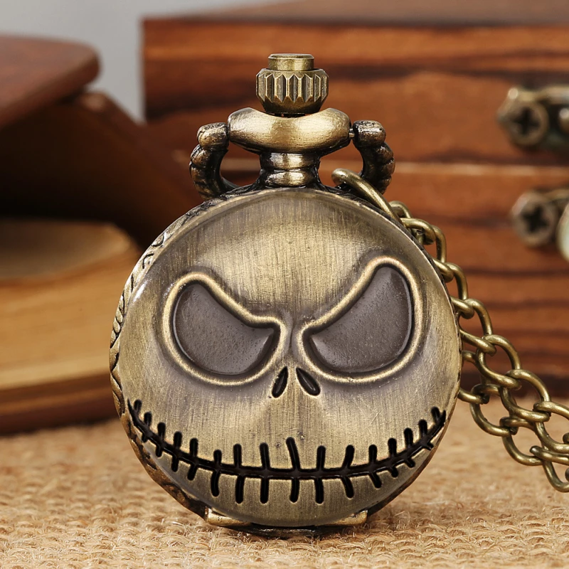 Vintage Bronze Jack Skellington Pendant Pocket Watch with Chain