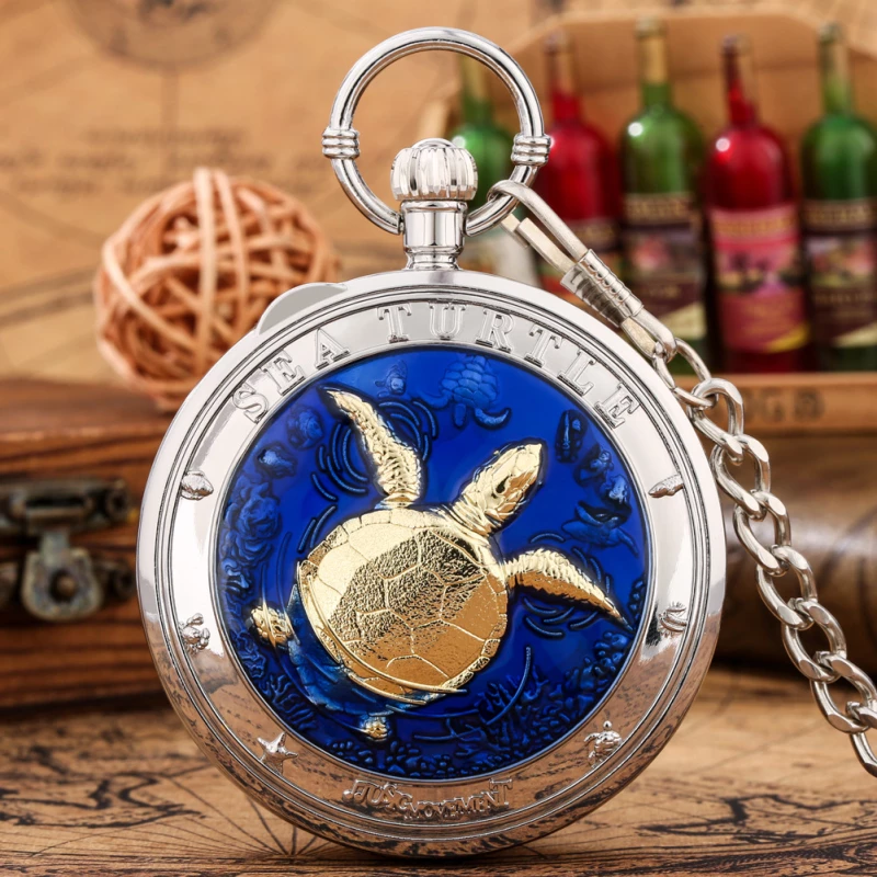 Two-Tone Alloy Pocket Watch with Sea Turtle Design
