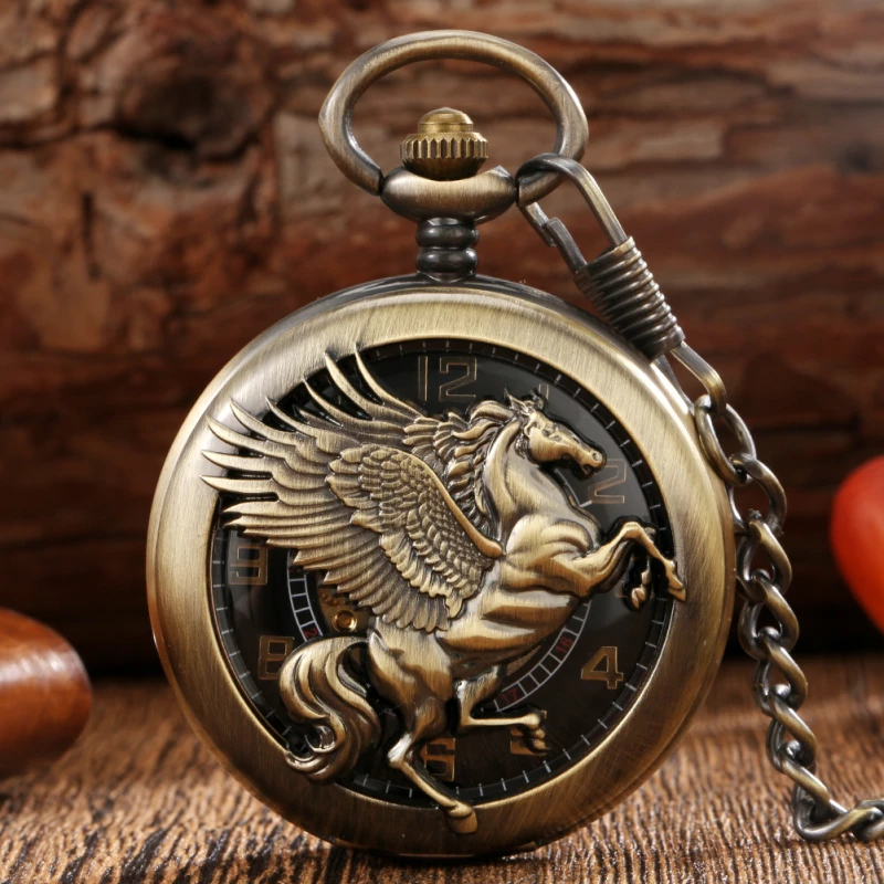 Vintage Bronze Pegasus Themed Pocket Watch with Chain