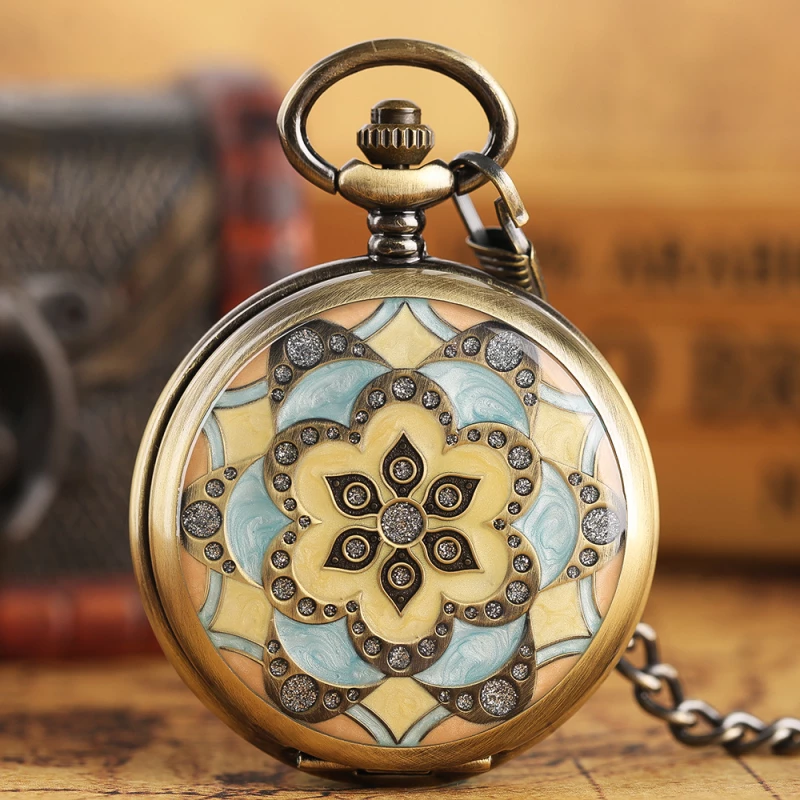 Vintage Bronze Floral Enamel Pocket Watch with Chain