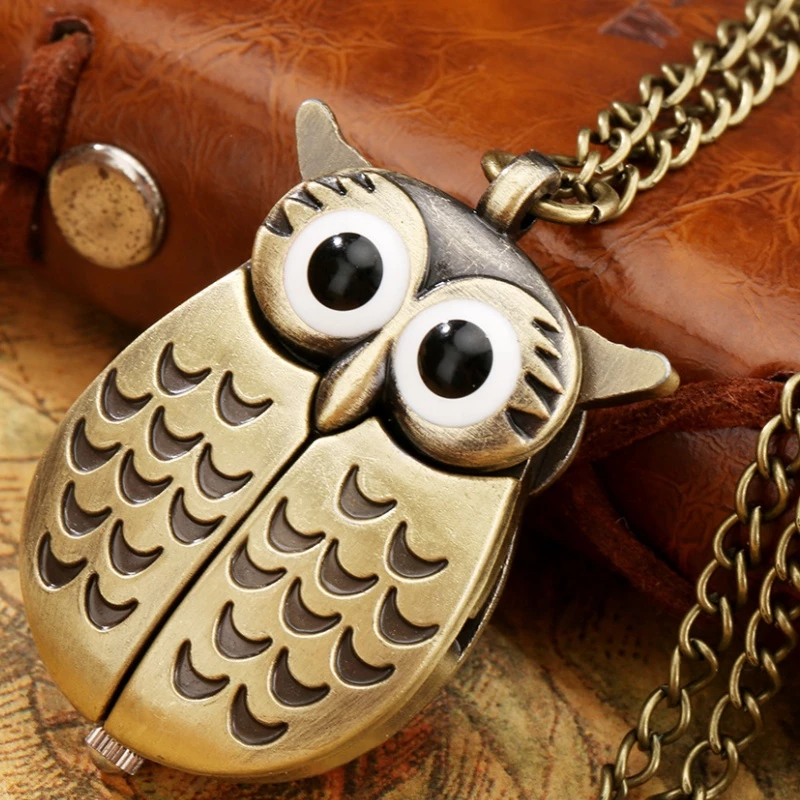 Silver-Tone Owl Pocket Watch with Red Accents and Chain