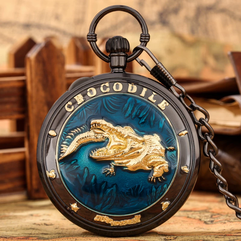 Two-Tone Black and Gold Alloy Pocket Watch with Crocodile Design