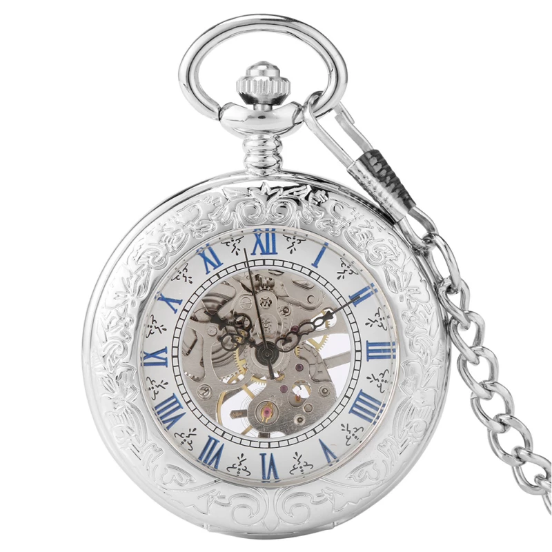 Silver-Tone Bilingual Skeleton Mechanical Pocket Watch with Chain