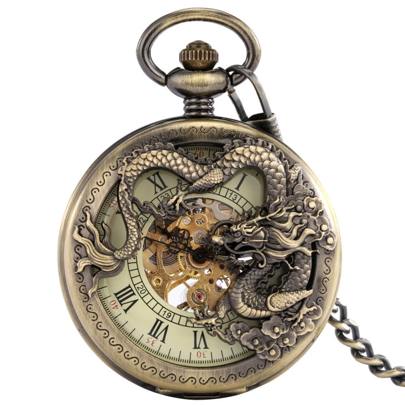 Vintage Bronze Dragon Skeleton Mechanical Pocket Watch with Chain