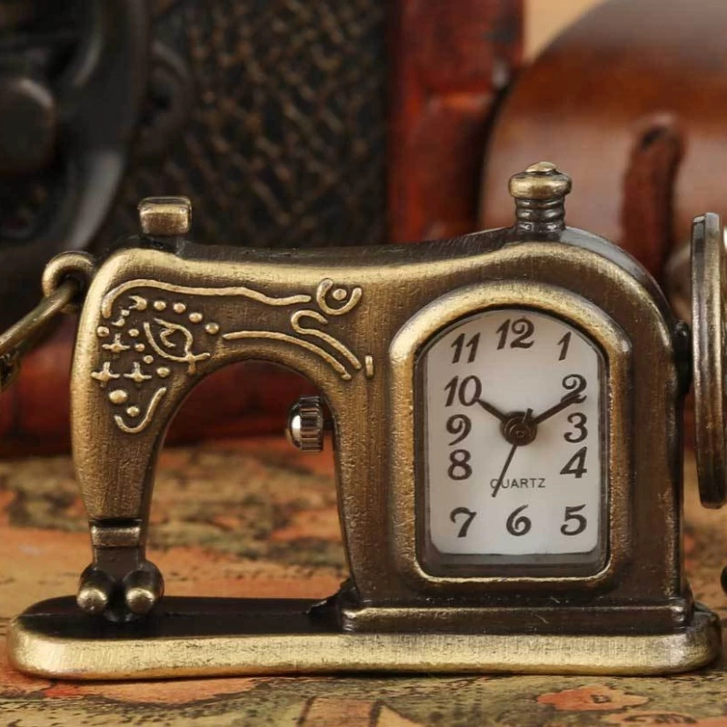 Vintage Bronze Sewing Machine Pocket Watch with Chain