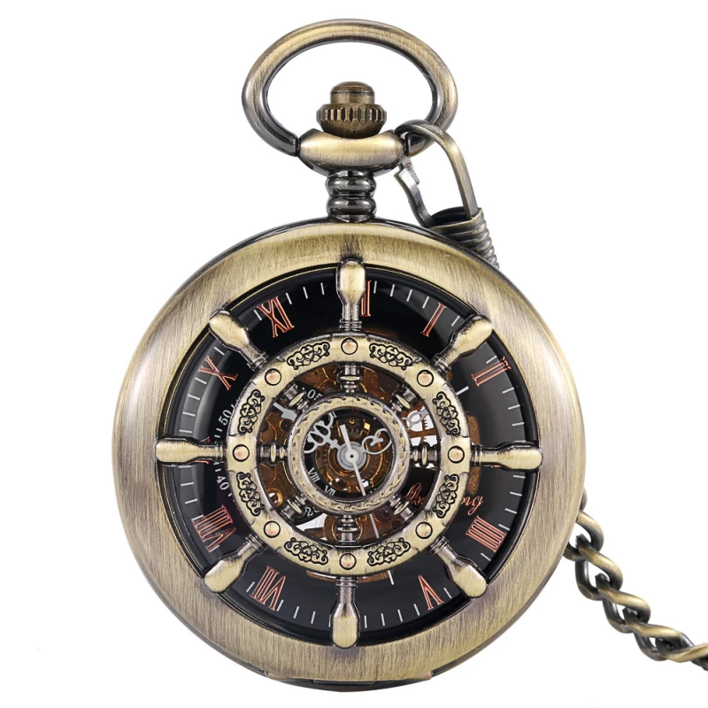 Vintage Bronze Skeleton Mechanical Pocket Watch with Chain