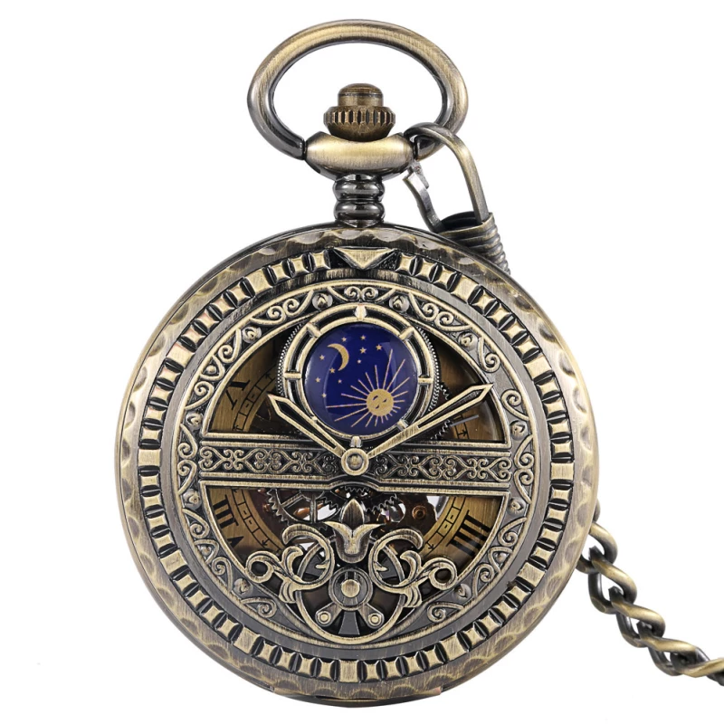 Vintage Bronze Sun & Moon Skeleton Mechanical Pocket Watch with Chain