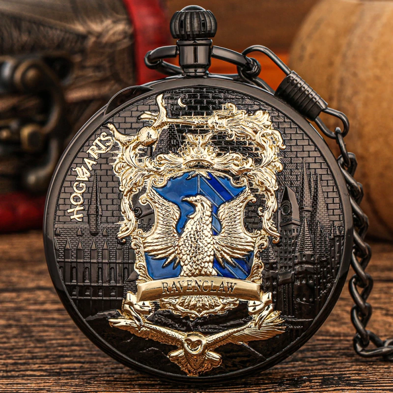 Black Alloy Pocket Watch with Ravenclaw House Crest Design