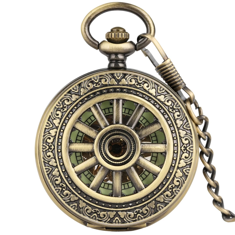 Vintage Bronze Wheel Design Pocket Watch with Chain
