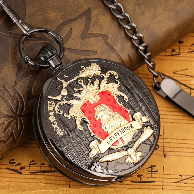 Black Alloy Pocket Watch with Gryffindor House Crest Design