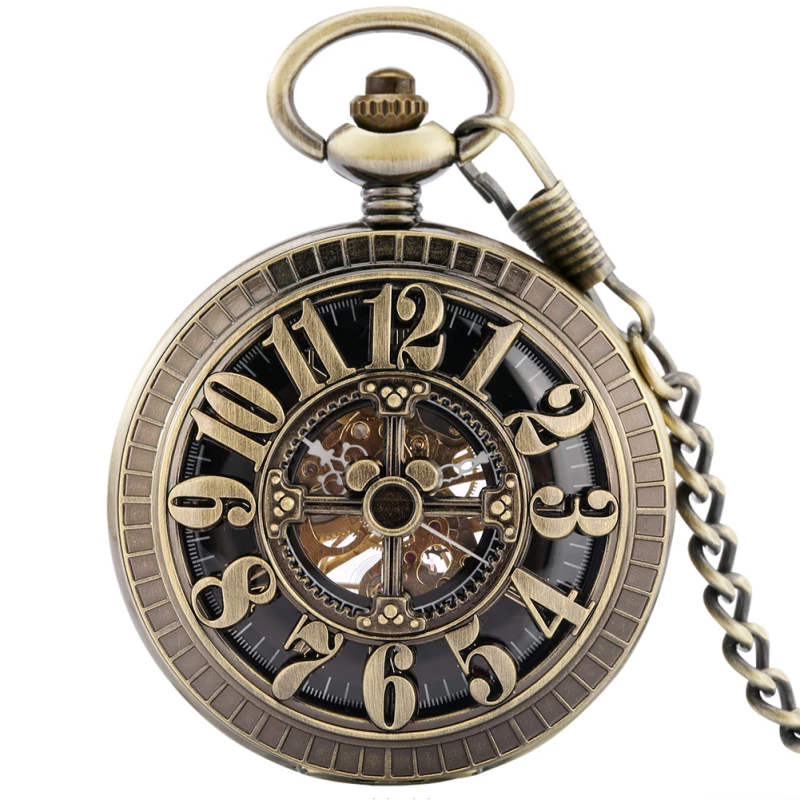 Vintage Bronze Skeleton Mechanical Pocket Watch with Chain