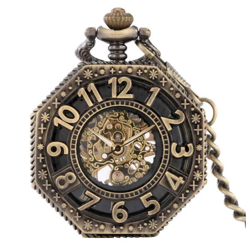 Vintage Bronze Octagonal Skeleton Mechanical Pocket Watch with Chain