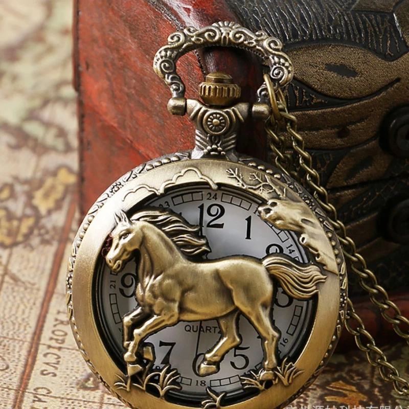 Vintage Bronze Running Horse Pocket Watch with Chain