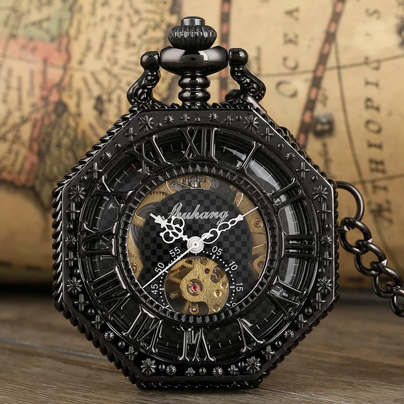 Black Octagonal Skeleton Mechanical Pocket Watch with Chain