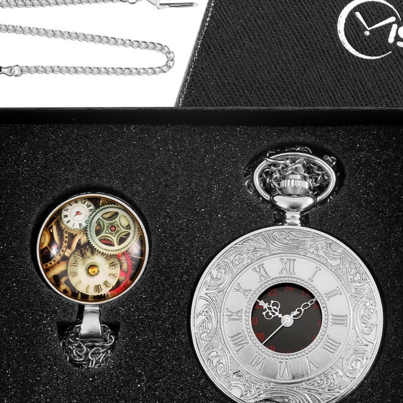 Silver-tone Engraved Pocket Watch Set with Steampunk Style Mini Pendant Watch