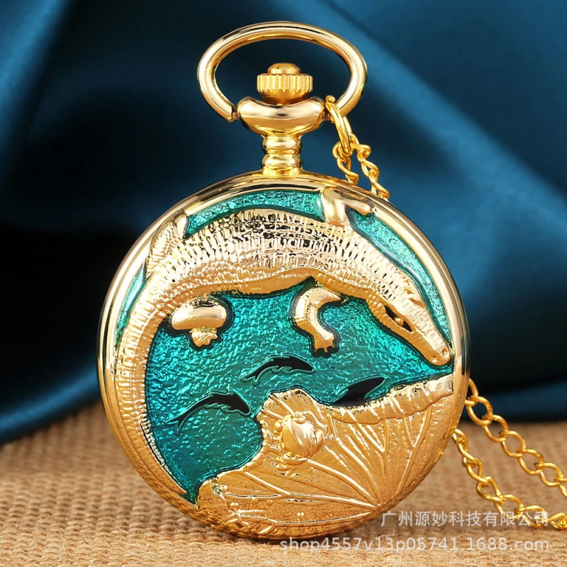 Gold-tone Pocket Watch with Teal Enamel and Embossed Landscape Cover