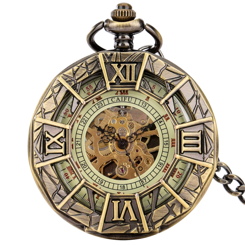 Vintage Bronze Multi-Layer Skeleton Mechanical Pocket Watch with Chain