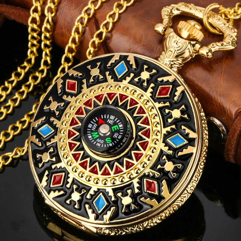 Gold-tone Aztec Style Pocket Watch with Built-in Compass
