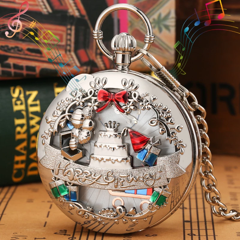 Silver Alloy Musical Pocket Watch with Happy Birthday Design