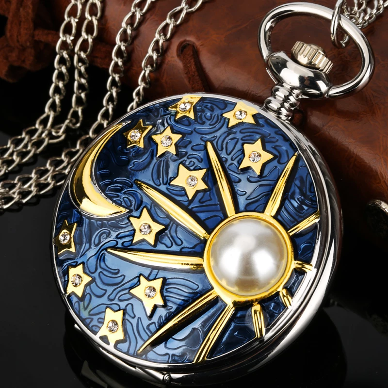 Silver-tone Celestial Pocket Watch with Starry Night Design and Pearl Accent