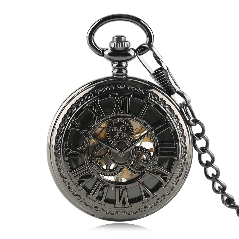 Black-Toned Engraved Skeleton Mechanical Pocket Watch with Chain