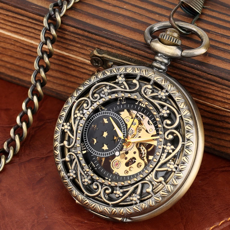 Vintage Skeleton Mechanical Pocket Watch with Chain