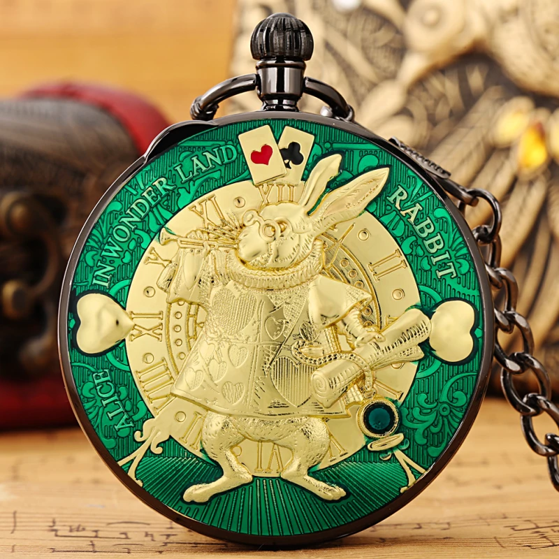 Two-Tone Black and Gold Alloy Pocket Watch with Alice in Wonderland White Rabbit Design