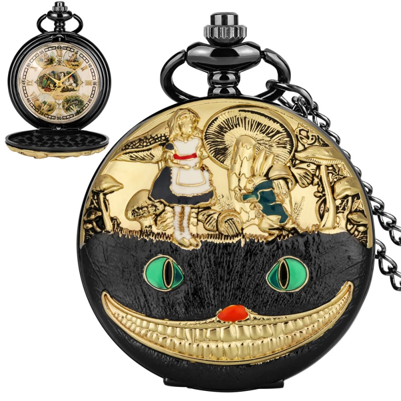 Black & Gold-tone Alice in Wonderland Themed Pocket Watch with Cheshire Cat Cover