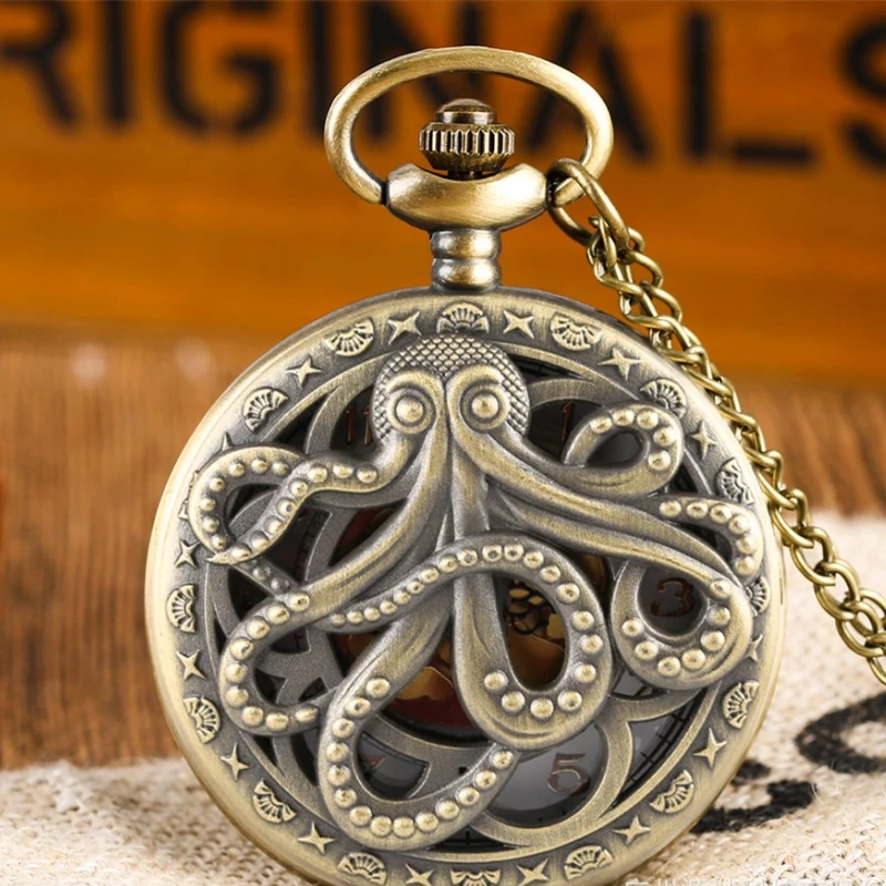 Vintage Bronze Octopus Filigree Pocket Watch with Chain