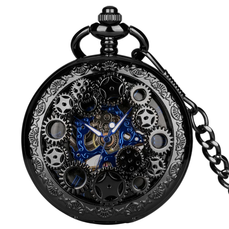 Vintage Skeleton Mechanical Pocket Watch with Chain