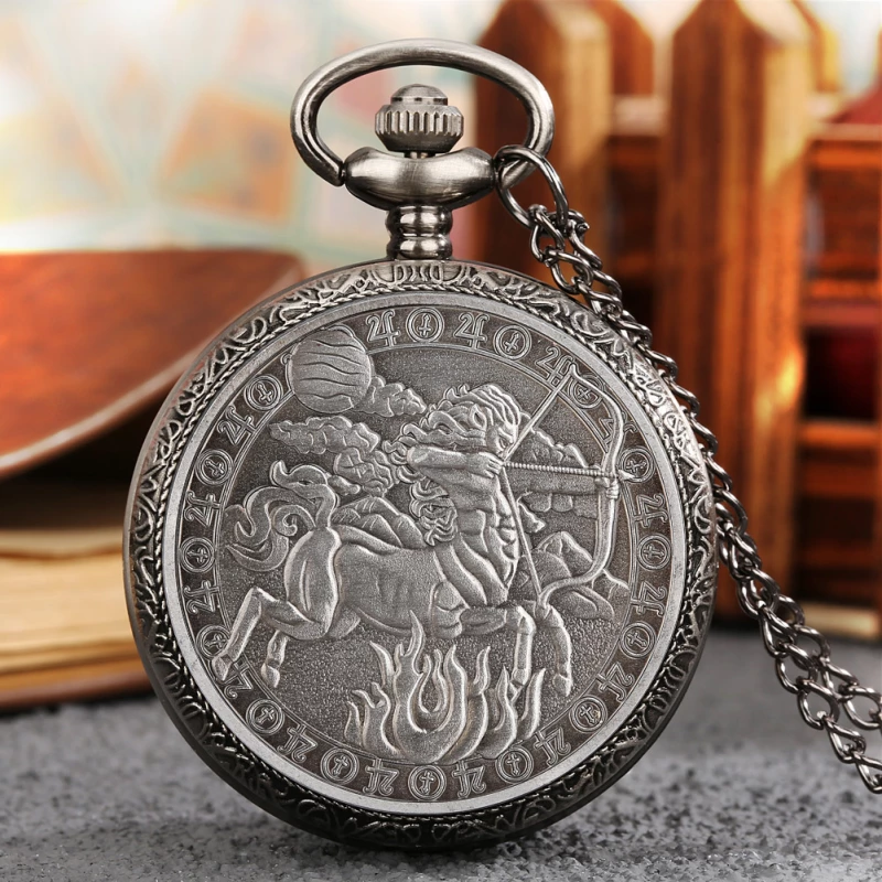 Gunmetal-tone Zodiac Sagittarius Engraved Pocket Watch