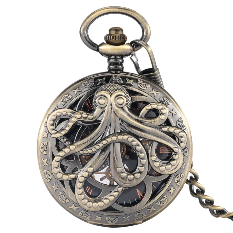 Bronze-Tone Octopus Skeleton Mechanical Pocket Watch with Chain