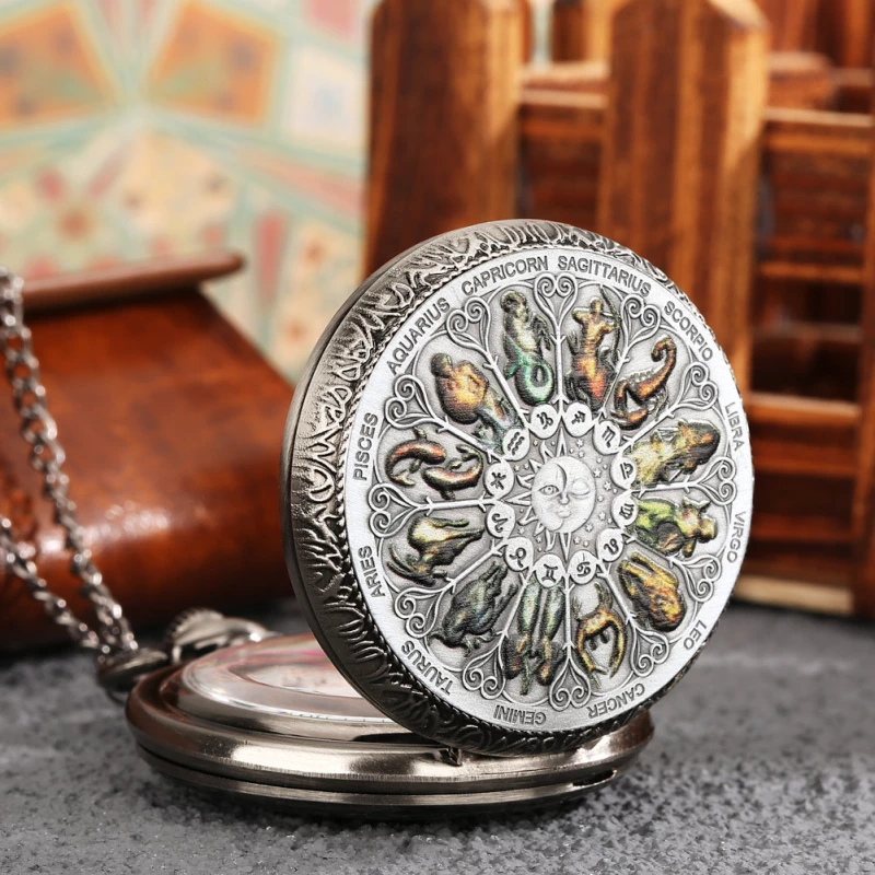 Gunmetal-tone Zodiac Mandala Pocket Watch with Iridescent Accents
