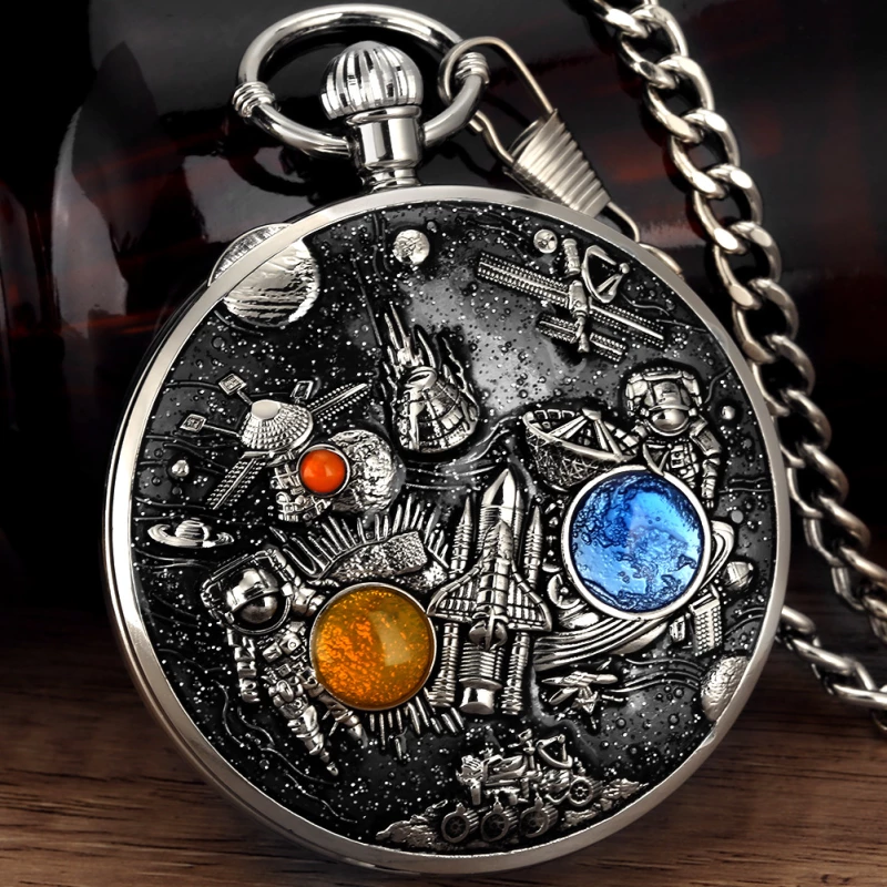 Silver Alloy Pocket Watch with 3D Cosmic and Celestial Design
