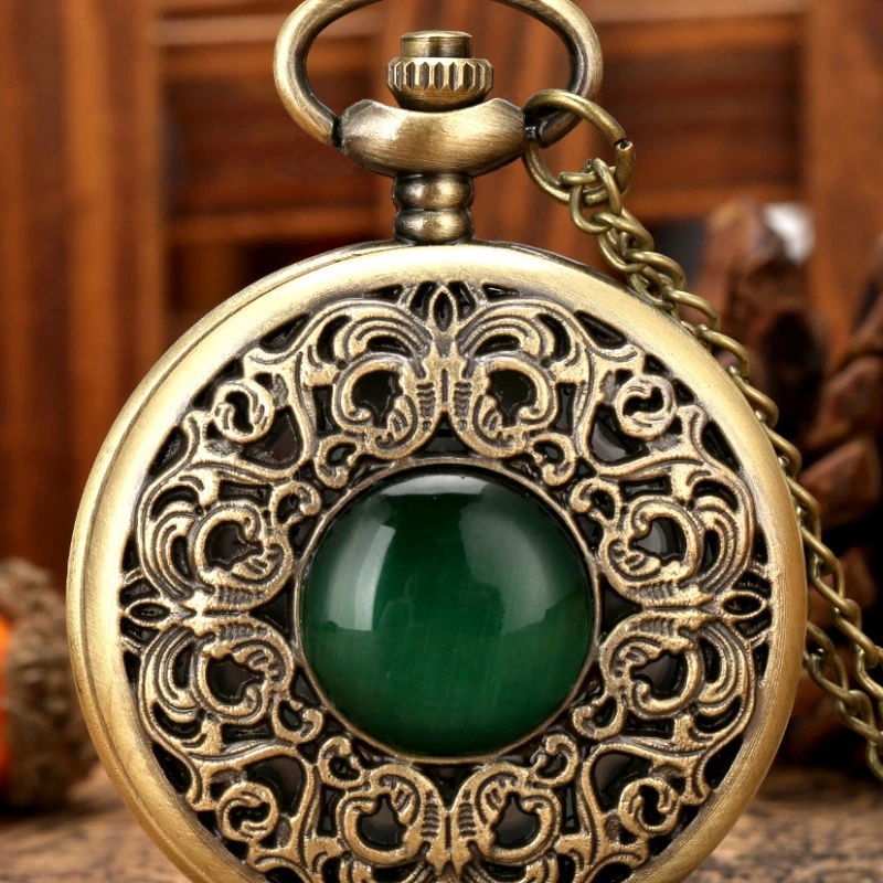 Vintage Bronze Filigree Pocket Watch with Green Cabochon and Chain