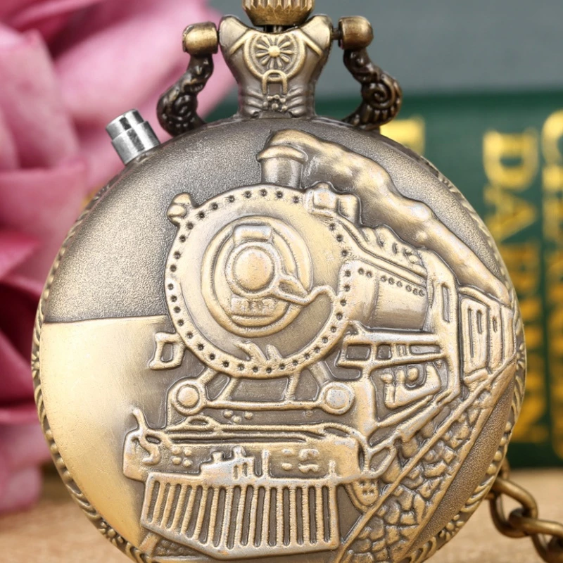 Antique Bronze-tone Steam Locomotive Embossed Pocket Watch