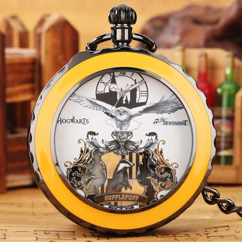 Two-Tone Black and Yellow Alloy Musical Pocket Watch with Hufflepuff House Design