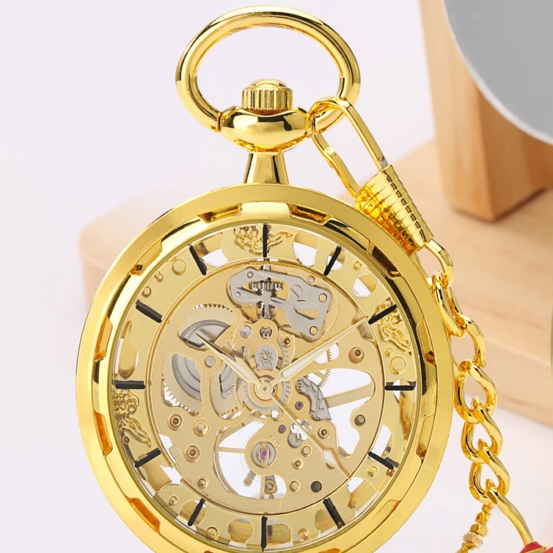 Gold-Tone Skeleton Mechanical Pocket Watch with Chain