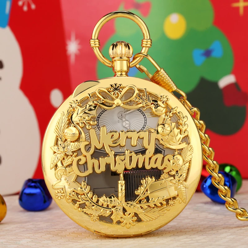 Gold-Tone Alloy Pocket Watch with "Merry Christmas" Openwork Design