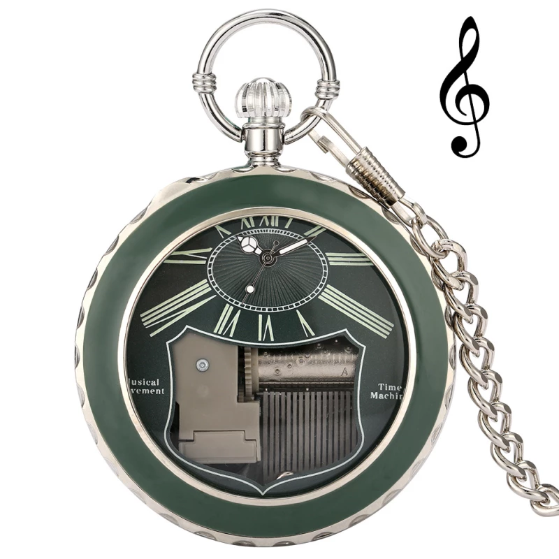 Two-Tone Silver and Green Alloy Musical Pocket Watch