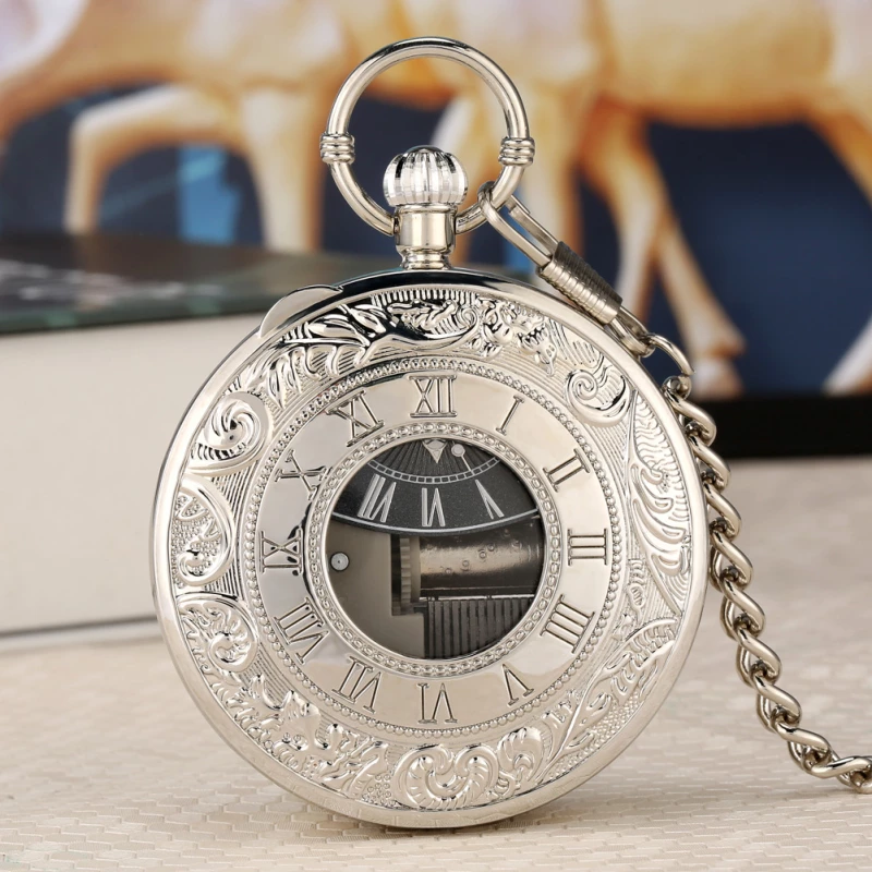 Silver Alloy Pocket Watch with Double Roman Numeral Dial and Engraved Case