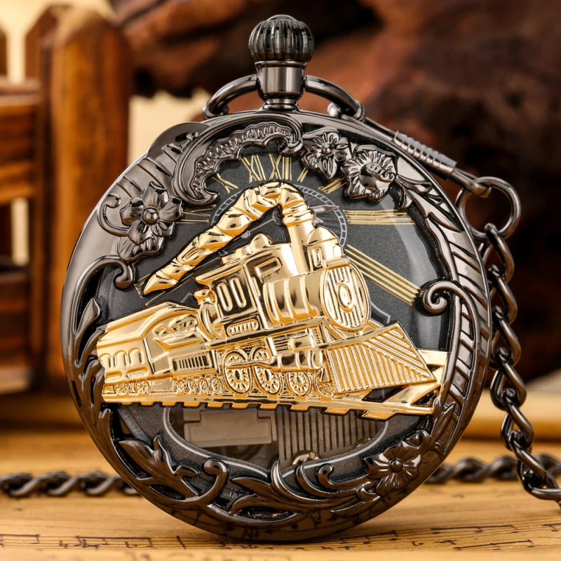 Two-Tone Black and Gold Alloy Musical Pocket Watch with Steam Locomotive Design
