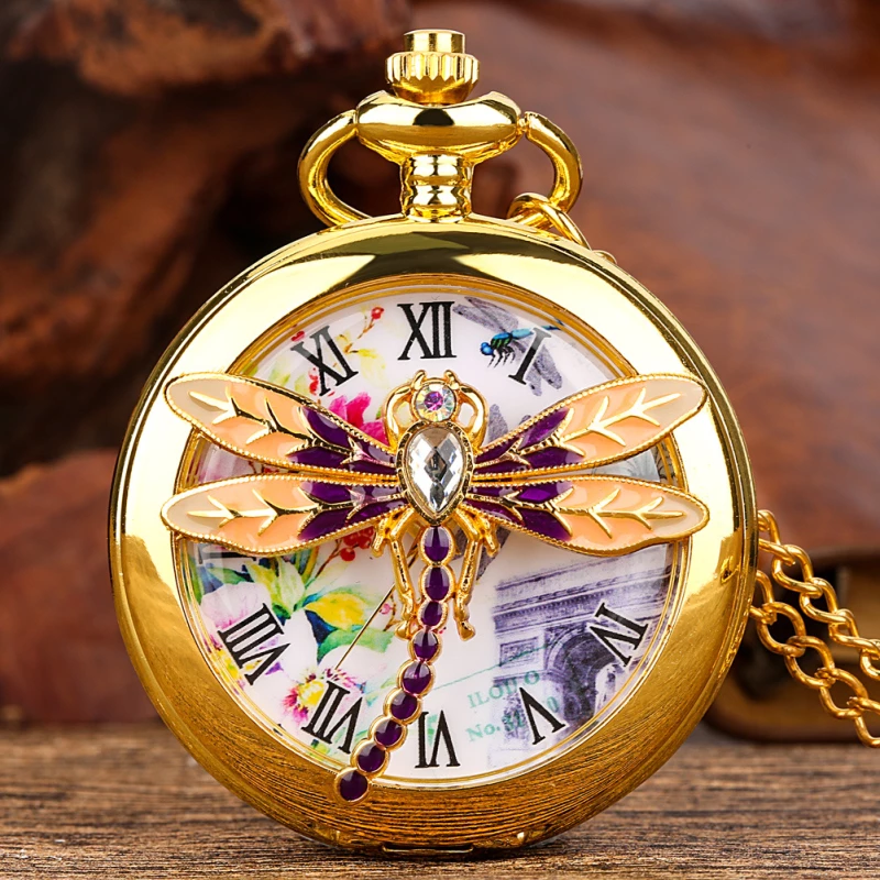 Gold-tone Dragonfly Pocket Watch with Enamel and Crystal Accents