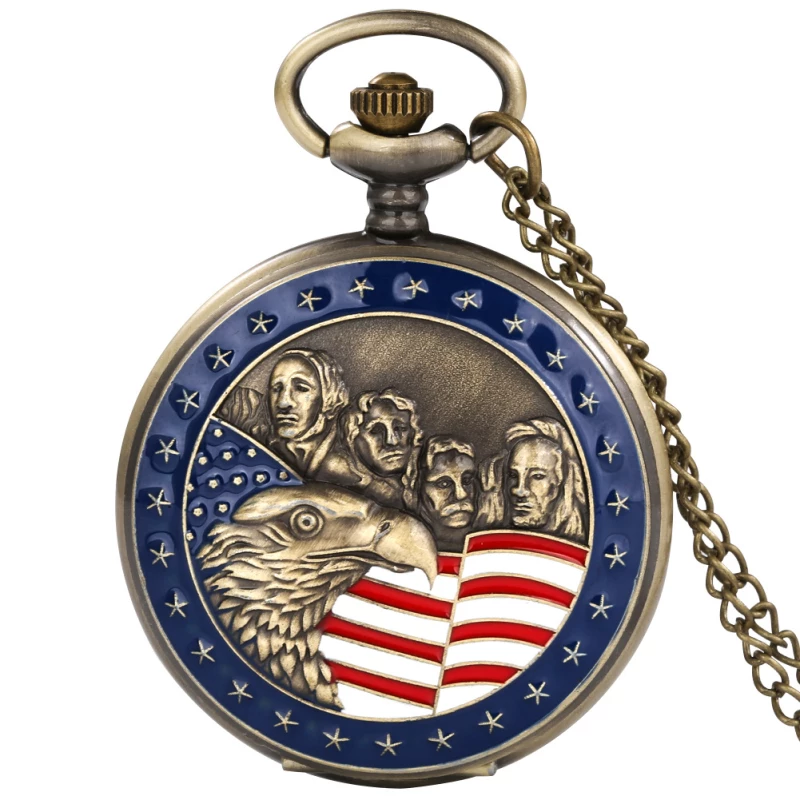 Antique Bronze-tone American Pride Pocket Watch (Mount Rushmore & Eagle Design)