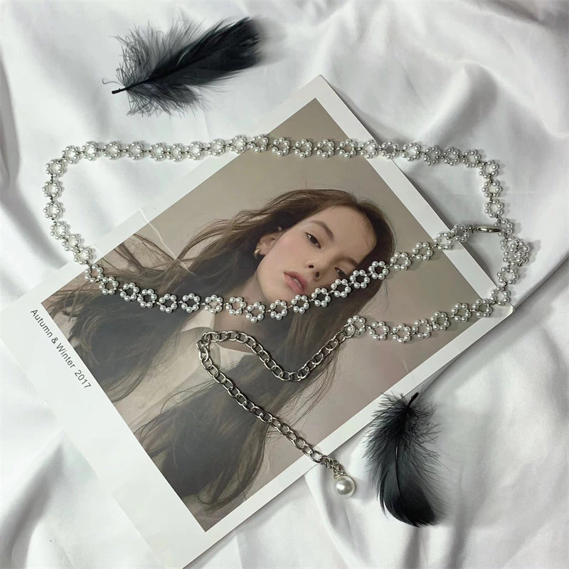 Women's Double-Layered Pearl and Chain Belt with Feather Accent
