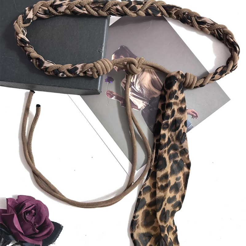 Women's Braided Fabric Belt with Leopard Print Scarf Accent