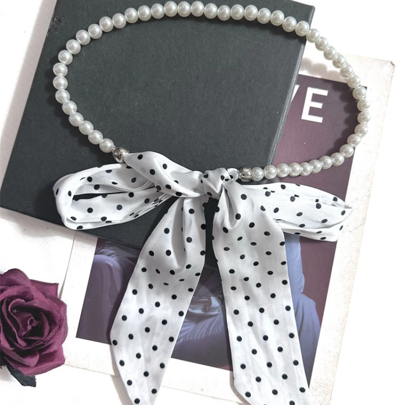 Women's Faux Pearl Belt with Polka Dot Scarf Accent