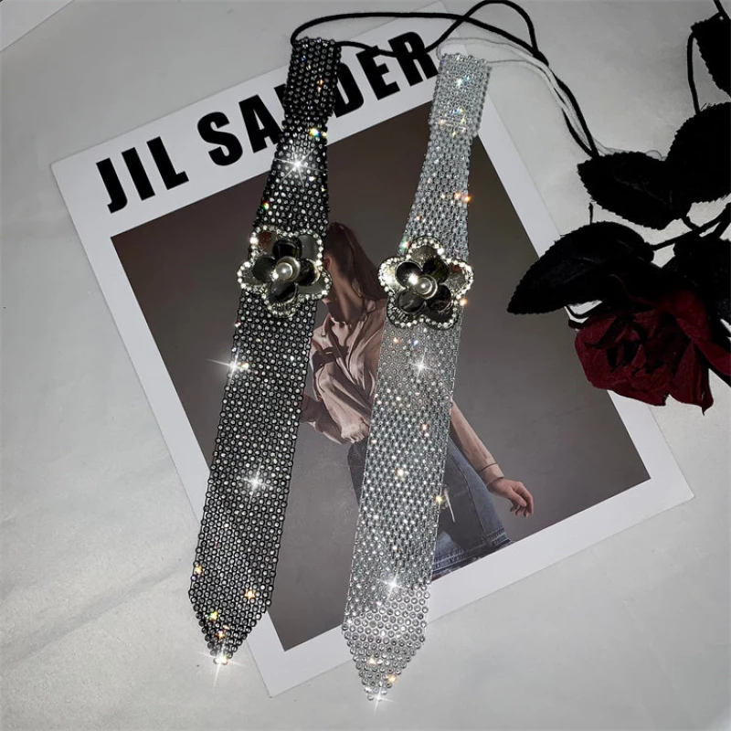 Women's Rhinestone-Embellished Tie with Floral Alloy Accent