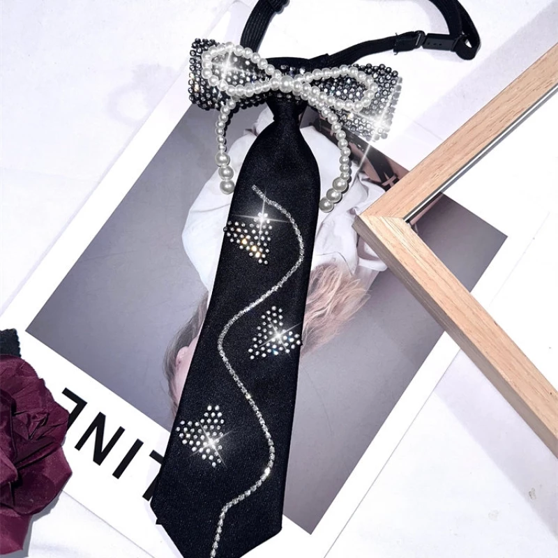 Women's Rhinestone and Faux Pearl Embellished Fabric Tie with Bow