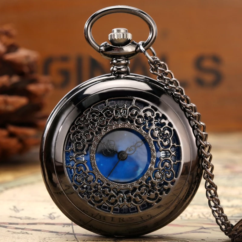 Black Openwork Pocket Watch with Blue Dial and Chain